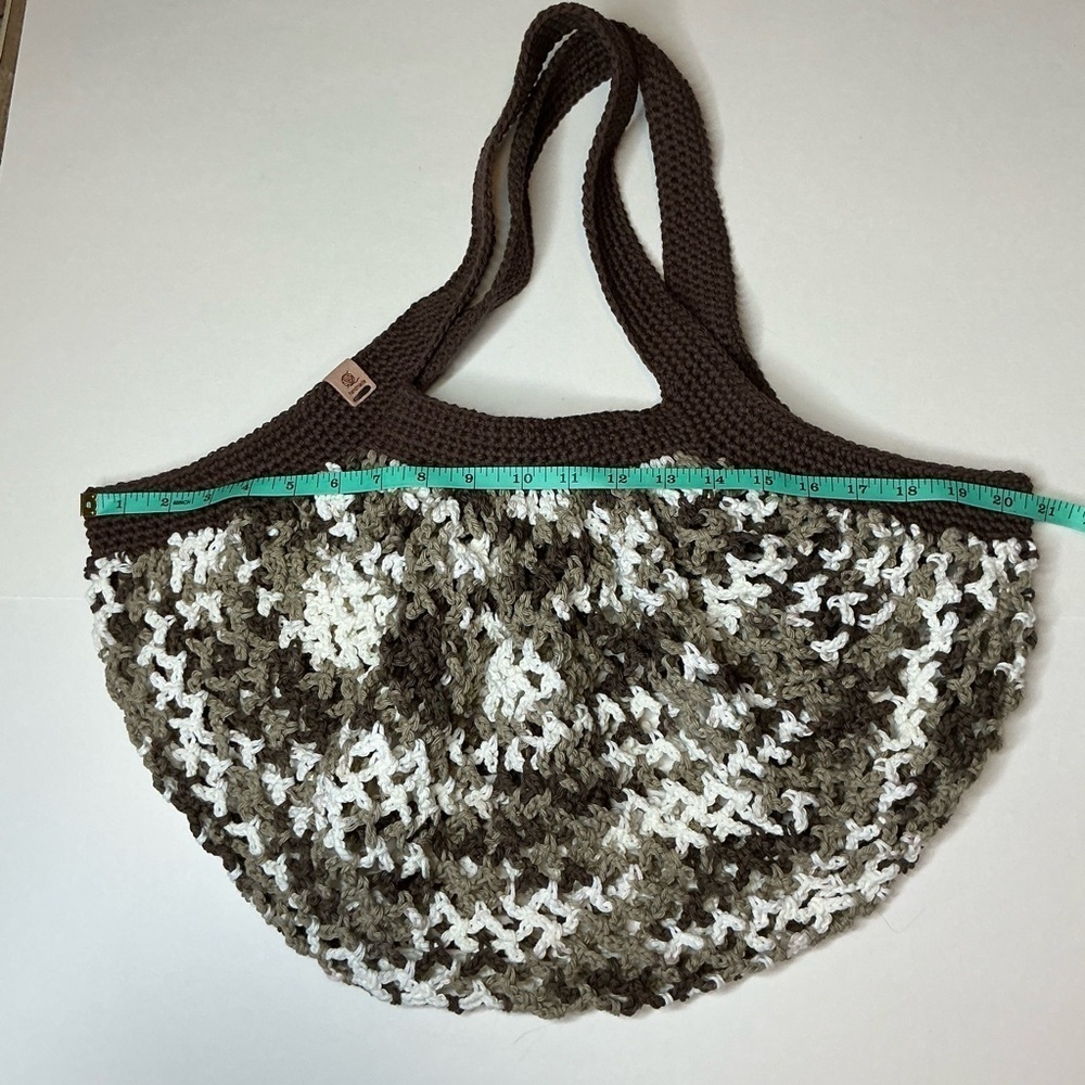 Large Crochet Mesh Market Bag Brown White Cotton Handcrafted Handmade Reusable - Picture 7 of 16